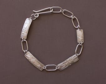 Art Nouveau Floral Chain Link Bracelet, Whimsical Sterling Silver Design with Chain Extender