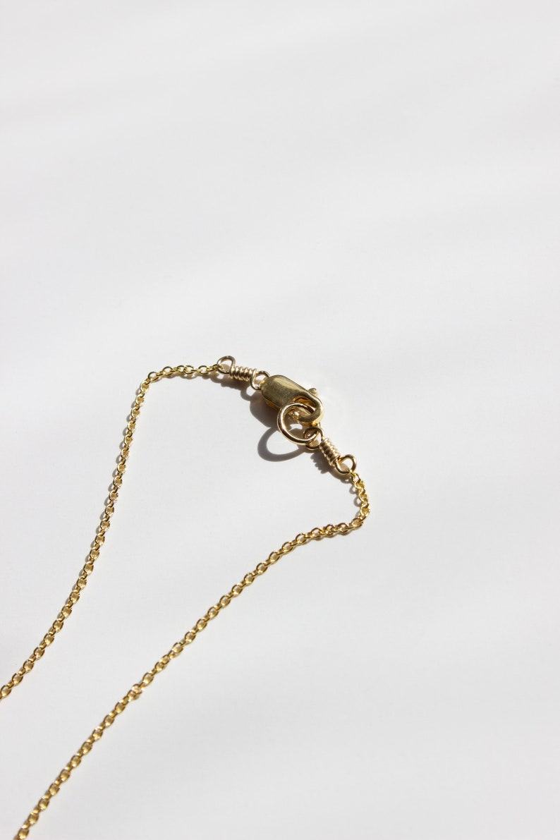 May include: Close-up of a delicate gold necklace chain with a lobster clasp. The chain is thin and has small, evenly spaced links. The clasp is a simple, secure design. The necklace is on a white background.
