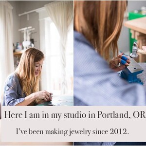 May include: A jewelry maker in her studio in Portland, Oregon, working on a piece. She is using a hammer and anvil. The text on the image says, "Here I am in my studio in Portland, OR. I've been making jewelry since 2012."