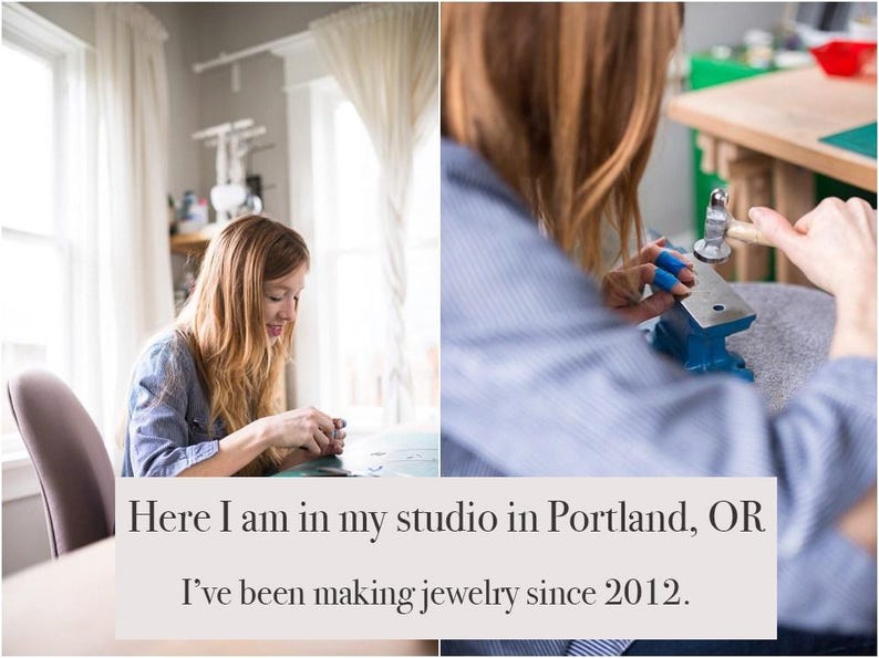 May include: A jewelry maker in her studio in Portland, Oregon, working on a piece. She is using a hammer and anvil. The text on the image says, "Here I am in my studio in Portland, OR. I've been making jewelry since 2012."