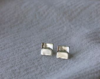 Small square stud earrings, semi circle, balance, bronze, sterling silver, made in Portland, modern, minimalist jewelry, gifts for her, them