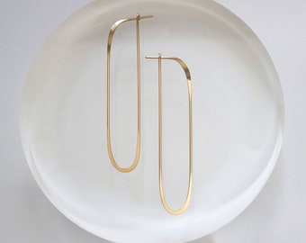 Boucles d’oreilles Art Déco en or, minimalistes faites à la main, géométriques, cerceau ovale en or long, bijoux L.Greenwalt, léger, argent, cadeaux pour elle, eux