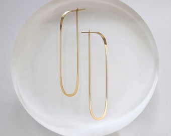 Minimalist Oval Hoop Earrings, Lightweight Art Deco Jewelry in 14K Gold Fill or Sterling Silver