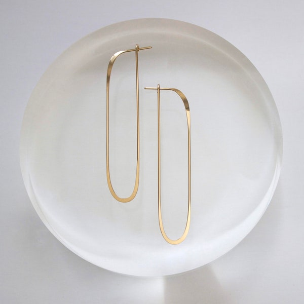 Gold Art Deco Earrings, Minimalist Handmade, Geometric, Long Gold Oval Hoop, L.Greenwalt Jewelry, Lightweight, Silver, Gifts For Her, Them