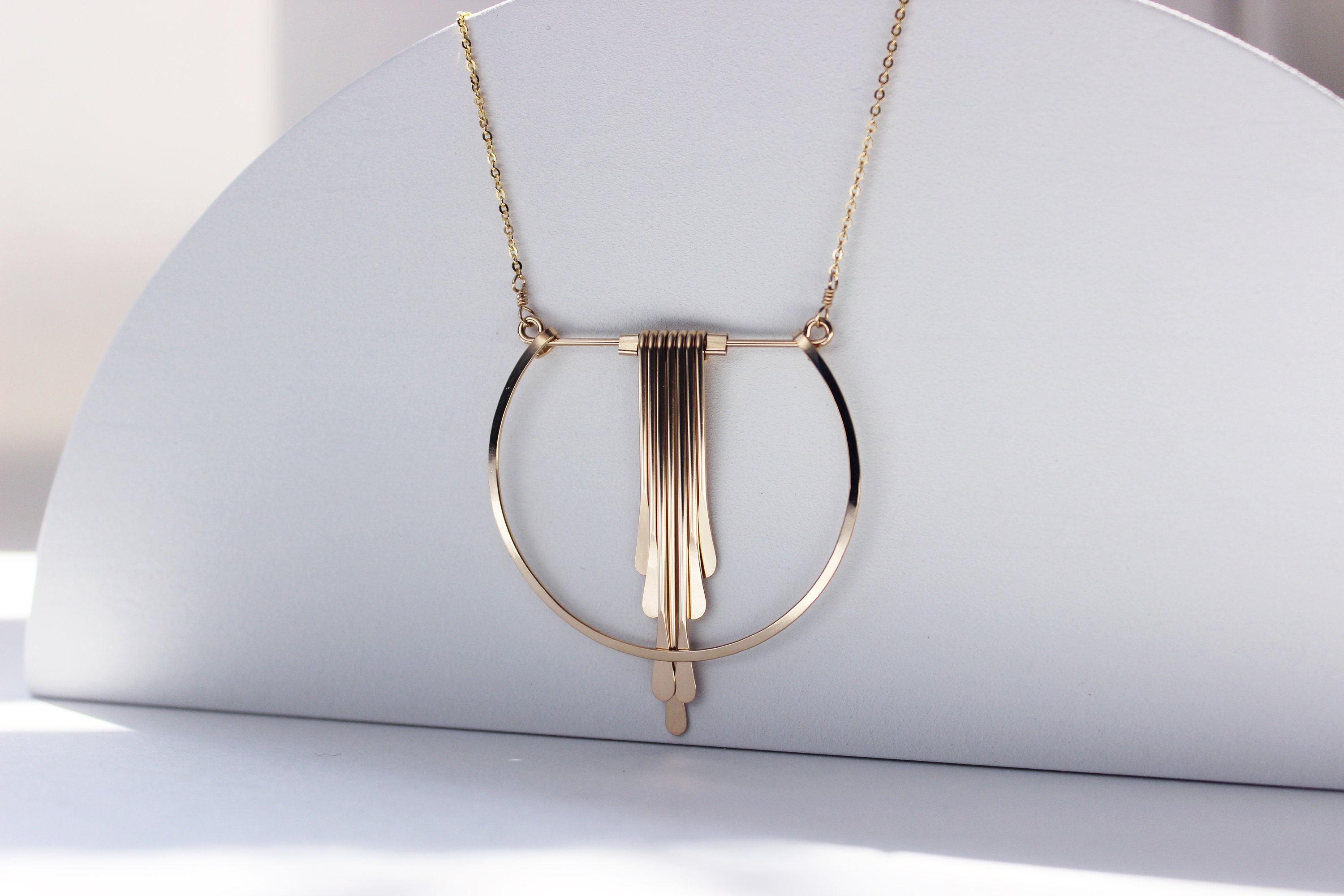 Gold,Gold  Geometric Necklace, Hammered, 14K Goldfill, Crescent Casca…
