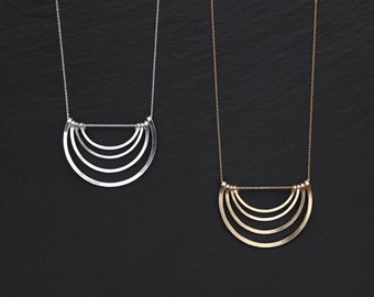 Gold Circle Necklace, Handmade, Layered, L.Greenwalt Jewelry, Crecents, Circles, Gold, Silver, Modern, Hammered Jewelry, Gifts For Her, Them