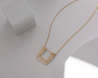 Small Gold Square Art Deco Necklace, Layered Necklace, Geometric Jewelry, Modern, Dainty Necklace, Sterling Silver, Gifts For Her, For Them