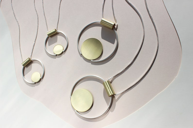 Geometric Large Circle Necklace, Eloria, L.Greenwalt Jewelry, Matte Statement Necklace, Mixed Metals, Deco, Modern, Architectural, Handmade image 3