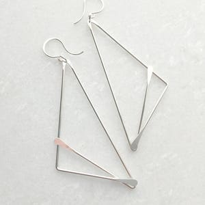 Art Deco Earrings, Handmade, Geometric, Deco, Brass, Fox Earrings, L.Greenwalt Jewelry, Geometric, Hammered, Large Geometric Earrings image 4