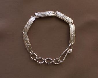 Sterling Silver Floral Bracelet, Art Nouveau Style Jewelry with Whimsical Patterned Design