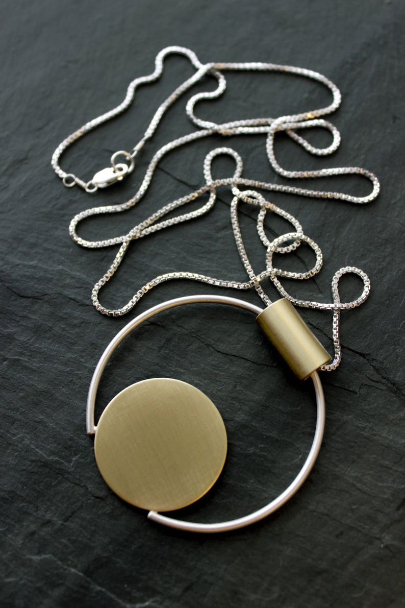 Geometric Large Circle Necklace, Eloria, L.Greenwalt Jewelry, Matte Statement Necklace, Mixed Metals, Deco, Modern, Architectural, Handmade image 5