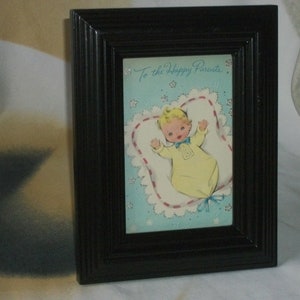 1950's Framed New Baby Happy Parents Félicitations Greeting Card Desk/Wall Decor