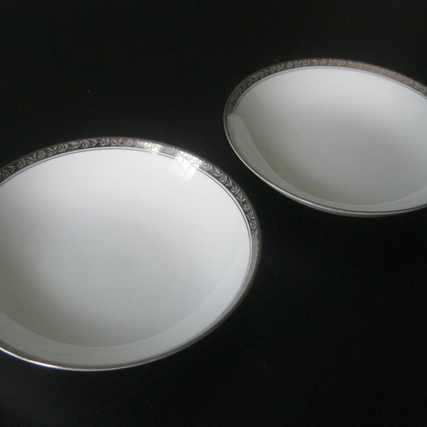 Set of 2 Beautiful Noritake Silvester 5 1/2 inch Platinum Trimmed Berry Bowls  Excellent Condition 6340 Japan