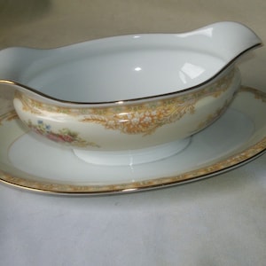 Vintage Noritake M Gravy Boat w/Attached Underplate Gold and Rose Floral Trim