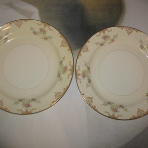 May include: Two cream-colored plates with a floral design. The plates have a gold rim and a gold inner circle. The floral design includes pink, blue, and green flowers. The plates are likely for dining or display.