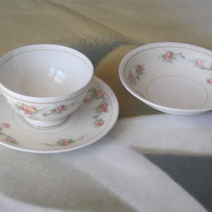 Beautiful Homer Laughlin Eggshell Georgian Cup & Saucer w/Berry Bowl Pink and Yellow Flowers