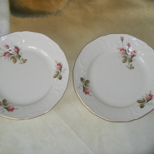 May include: Two white porcelain plates with a gold rim and a floral design featuring pink roses and green leaves.