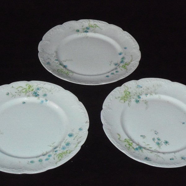 Set of 3 Vintage Warwick China 8 1/2 inch Salad Plates Blue Floral Green Leaves