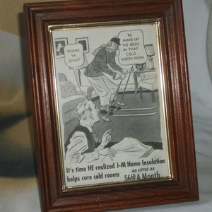1940&#39;s 8 1/2 by 6 1/2 inch Framed Ad J-M Home Insulation Better Homes & Gardens Magazine Desk Decor