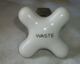 Vintage White Ceramic Bath Room Waste Knob Handle w/Hardware For Restoration