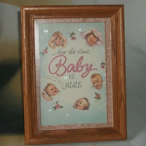 1950's Framed New Baby Happy Parents Félicitations Greeting Card Desk/Wall Decor