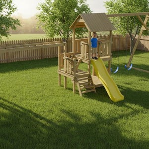 Op de afbeelding: Een houten speelset met een glijbaan, schommel en apenkooi staat op een groen gazon. De speelset heeft een kleine huisstructuur met een schuin dak. Een kind staat op de speelset.