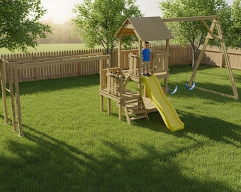 May include: A wooden playset with a slide, swing set, and monkey bars stands on a green lawn. The playset has a small house structure with a pitched roof. A child is standing on the playset.