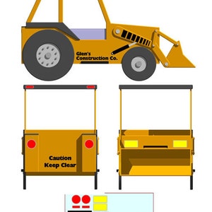 Peut inclure: Un ensemble d'autocollants pour un chargeur frontal, comprenant un chargeur jaune avec des pneus noirs, une benne noire et jaune et un panneau noir et jaune indiquant "Attention, passage interdit". L'ensemble comprend également un panneau noir et jaune indiquant "Glen's Construction Co.".