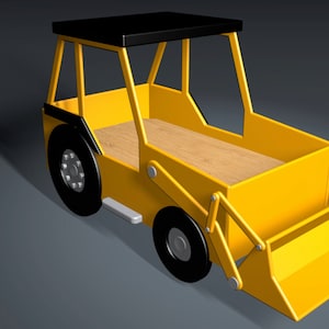 Peut inclure: Un jouet de chantier jaune vif avec un toit et des roues noirs. Le jouet a un lit en bois et un godet avant. Les roues sont noires avec des détails argentés. Le véhicule est conçu pour les enfants.