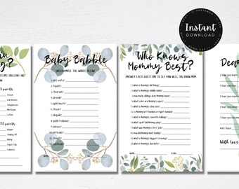 Mommy & Daddy Baby Shower Games Bundle Digital Download, Greenery-Themed