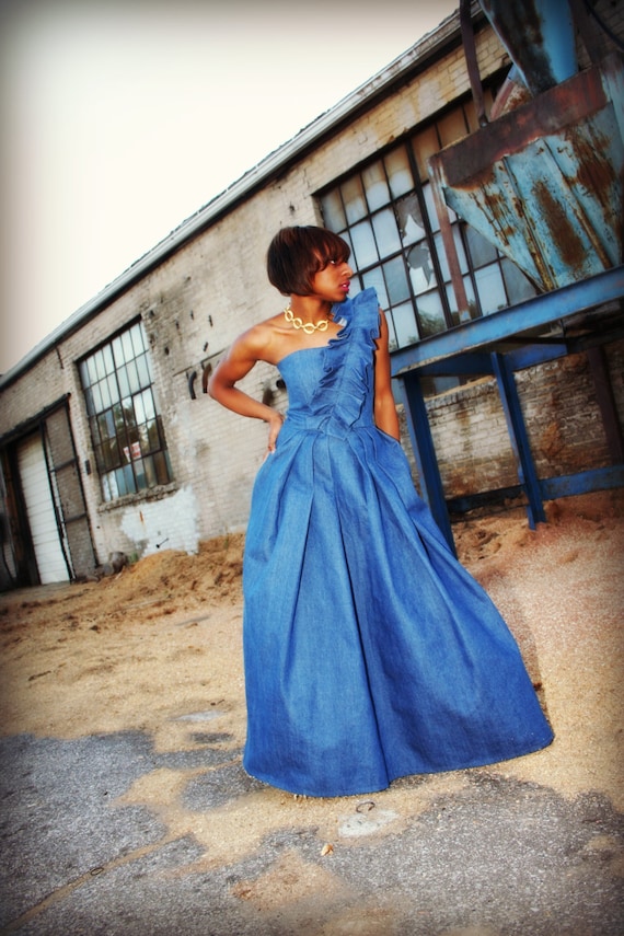 Full Length Pleated Denim Ball Gown 