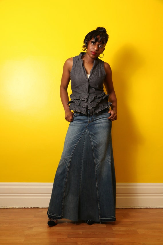 long flared denim skirt