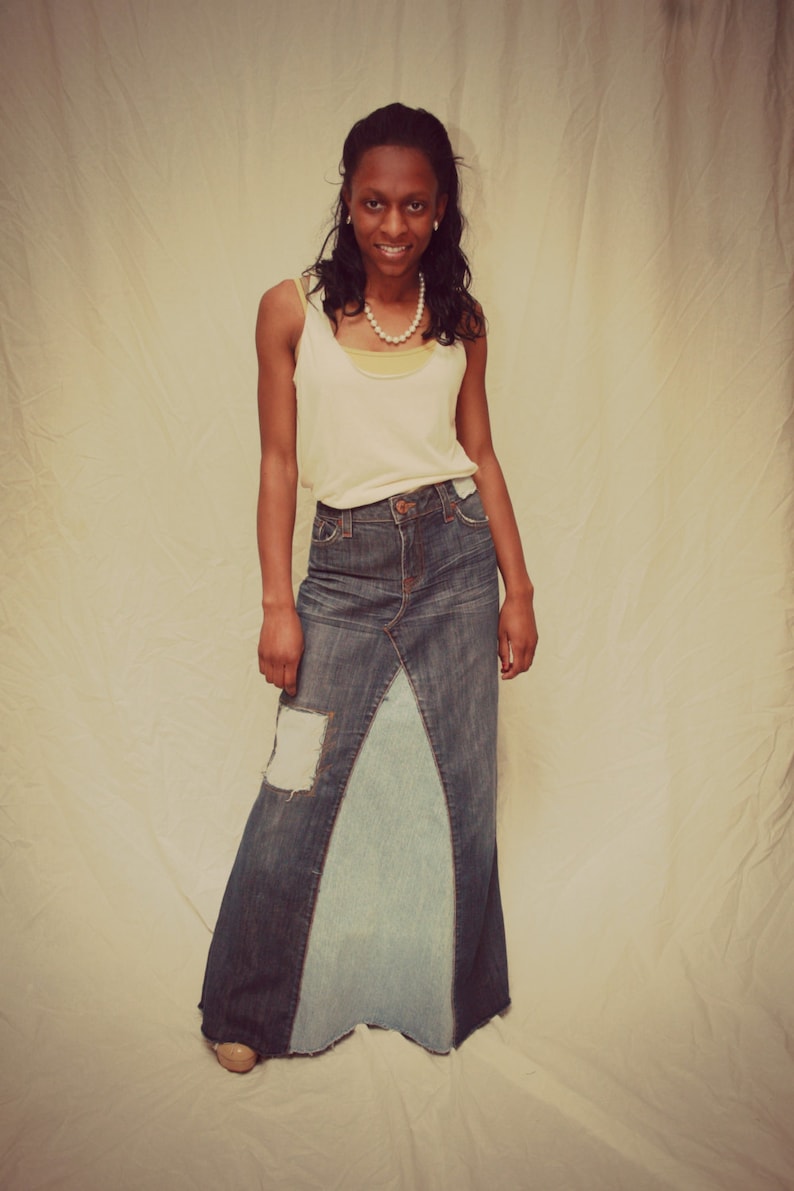 Long Denim distressed True Religion Inspired Maxi Denim Skirt Etsy