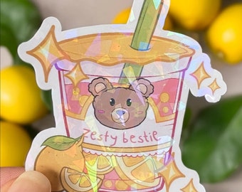 Kawaii Holo Lemon Boba Bear Die Cut Sticker | Cute Vinyl Decal for Laptops, Journals - Lemon Tea Bear Design | Holographic