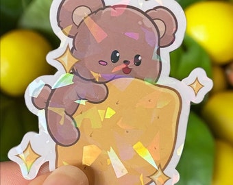 Kawaii Holo Lemon Bear Hug Bag Die Cut Sticker | Cute Vinyl Decal for Laptops, Journals - Lemon Tea Bear Design | Holographic