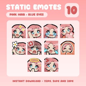 Cute Twitch Emotes 10 Pack Female Girl Pink Hair Blue Eyes | Kawaii Chibi Illustration | Streaming Assets