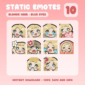 Cute Twitch Emotes 10 Pack Weiblich Mädchen Dunkelblonde Haare Helle Haut Blaue Augen | Niedliche Chibi Illustration | Inhalte zu strahlen