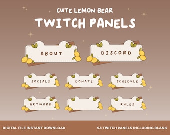 Cute Twitch Panels For About Section | Kawaii Lemon Bear Design | Yellow and Brown