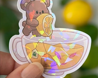 Kawaii Holo Lemon Squeeze Tea Die Cut Sticker | Cute Vinyl Decal for Laptops, Journals - Lemon Tea Bear Design | Holographic