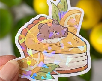 Kawaii Holo Lemon Pie Bear Sleeping Die Cut Sticker | Cute Vinyl Decal for Laptops, Journals - Lemon Meringue Eepy Bear Design | Holographic