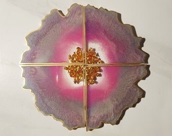 Pink, purple, and gold resin geode coaster | Pink Purple Gold | Geode Agate | Home decor - Set of 4