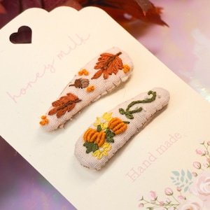 Handmade Embroidered Hair Clip Set: Linen Autumn Leaves & Pumpkins