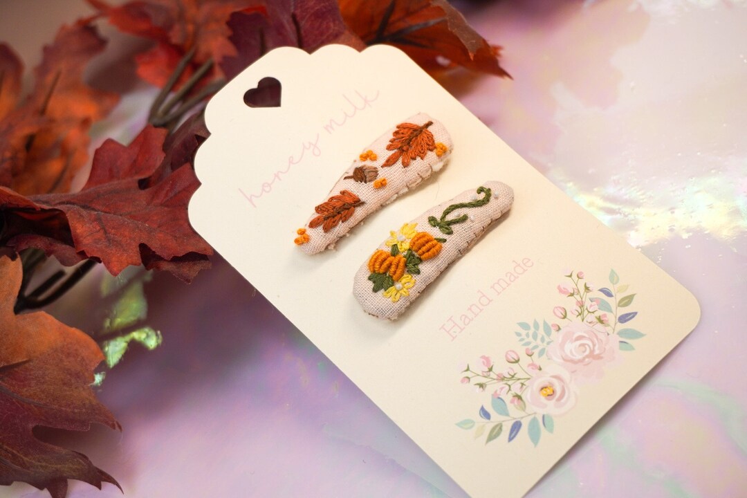 Handmade Embroidered Hair Clip Set: Linen Autumn Leaves & Pumpkins - Etsy