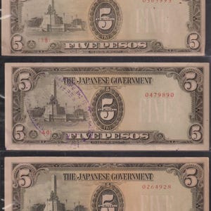 WWII 1943 (ND)  Lot of 3 Japanese Occupation (JAPOC) Five 5 Peso notes in a crisp High Grade Condition with Three Diff Redeemed Stamps!