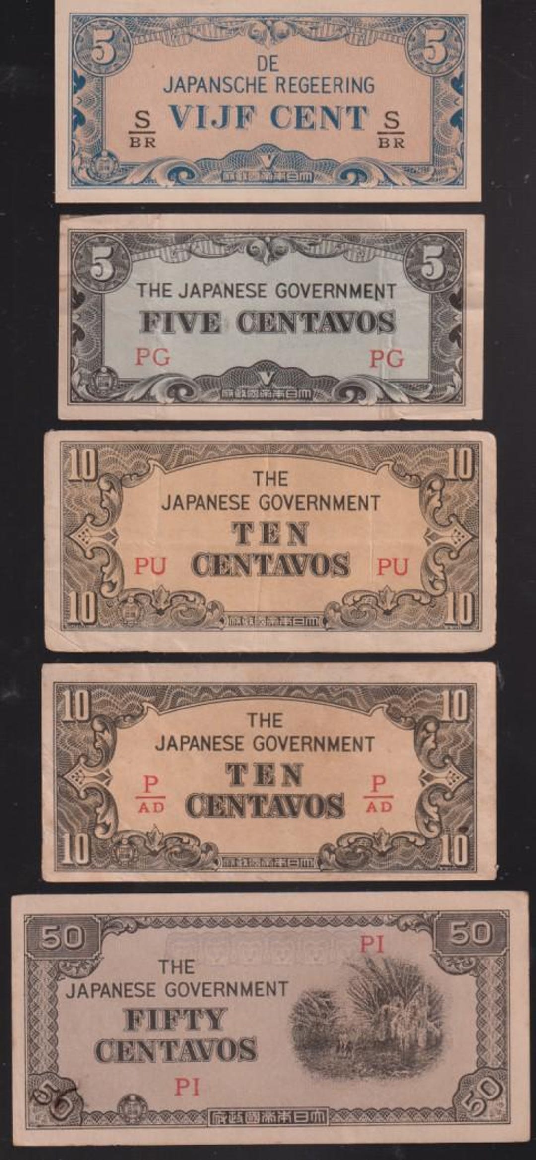 WWII 1942-45 Lot of 5 Japanese Occupation (JAPOC) Notes in a Crisp High ...