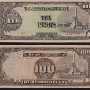 WWII 1942-45  (ND)  Lot of 2 Japanese Occupation (JAPOC) 10 Ten Peso and 100 One Hundred Peso notes in a crisp Uncirculated Condition!