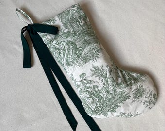 Handmade Green Toile de Jouy Christmas Stocking with Bow