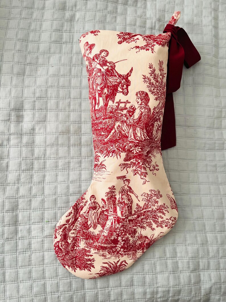 Handmade Red Toile De Jouy Christmas Stocking With Bow - Etsy