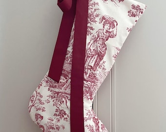 Handmade Red Toile de Jouy Christmas Stocking with Bow