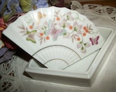 Trinket Box Asian Fan White Porcelain Hand Painted Ring Keeper Dresser Top Covered Dish Vintage Avon Home Decor FREE SHIPPING